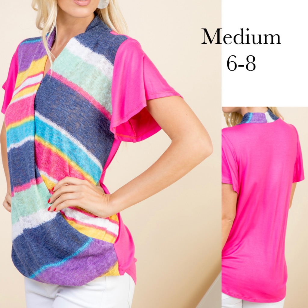 Mai Soli Womens Cross Over Multicolored Pink Top Size Medium